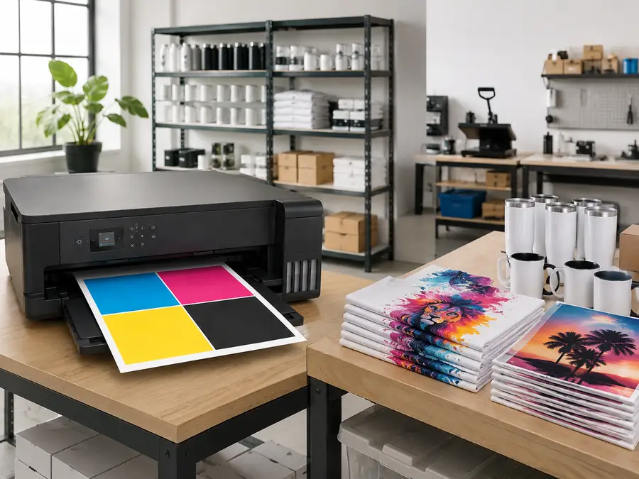 Epson ET-15000 printer producing a colorful purge sheet.