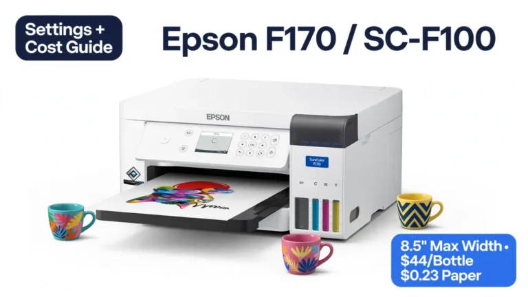 Epson F170 printer printing colorful design with three decorated mugs around it