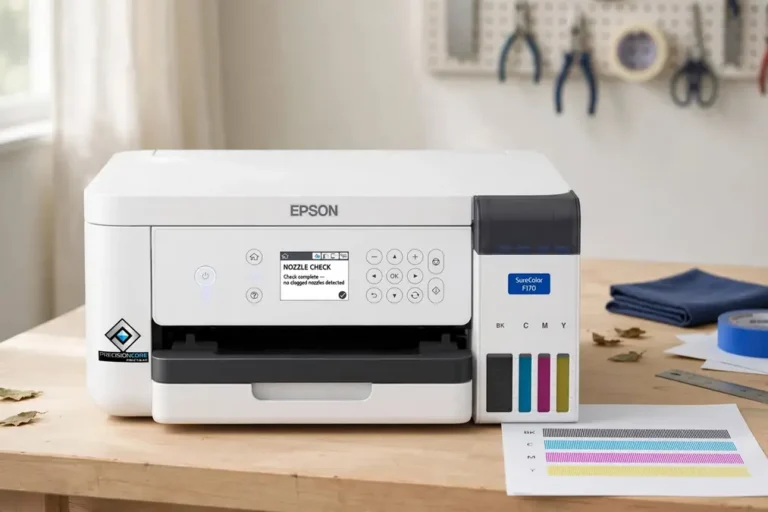 A white Epson printer displayed on a workbench with colorful ink cartridges.