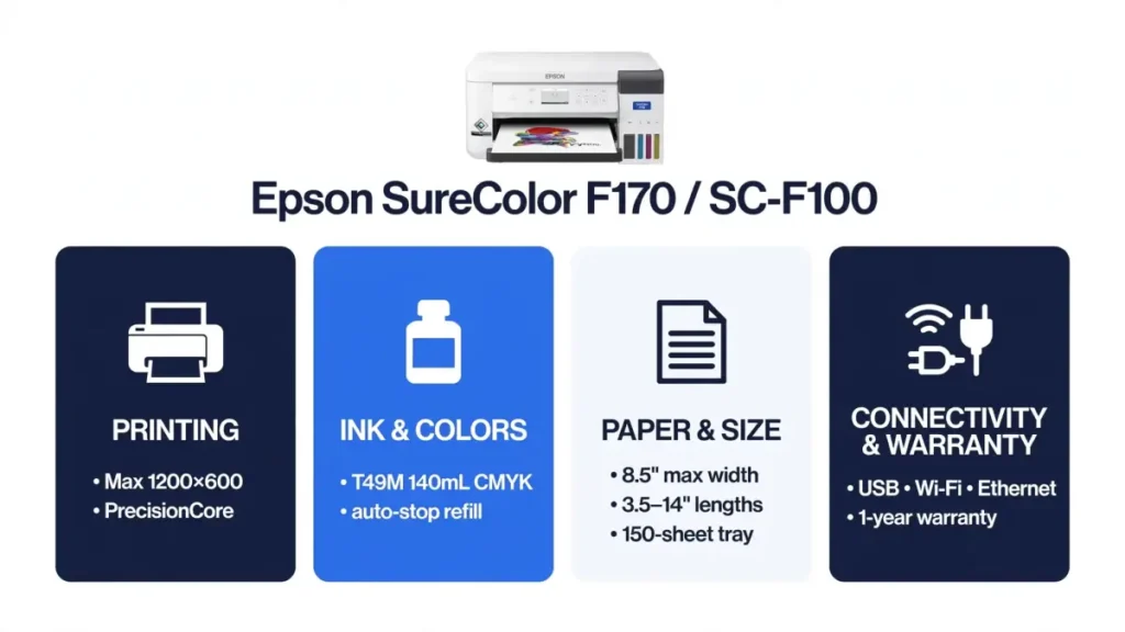 Epson SureColor F170 SC-F100 printer with printing, ink, paper size, and connectivity details