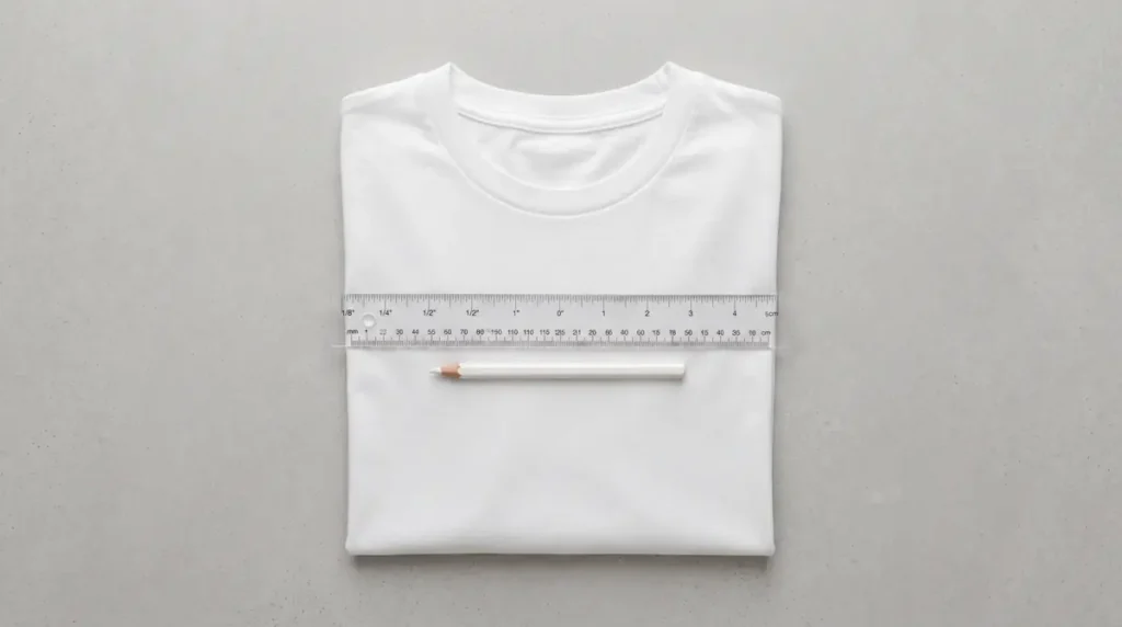 Folded white t-shirt with a transparent ruler and a white pencil on a gray table