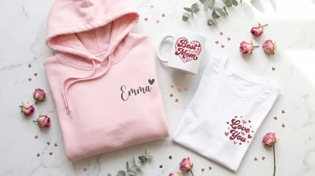 Pink hoodie with name Emma and white t-shirt with Love You text surrounded by heart shapes
