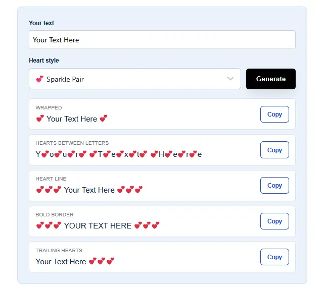 Screen showing a Heart Text Generator with options for adding hearts in various styles around text