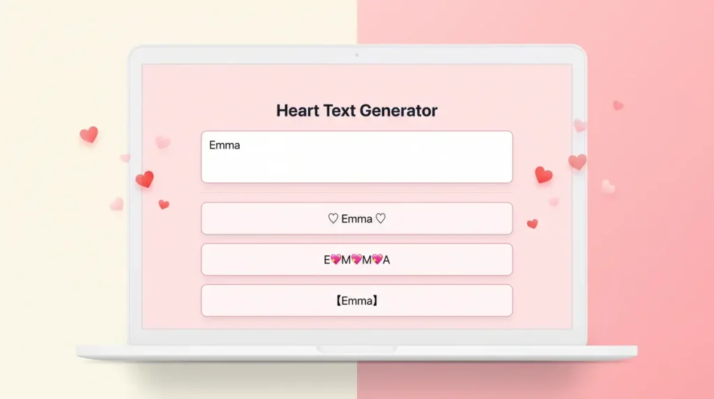 Laptop showing a heart text generator with the name Emma and heart-themed text variations