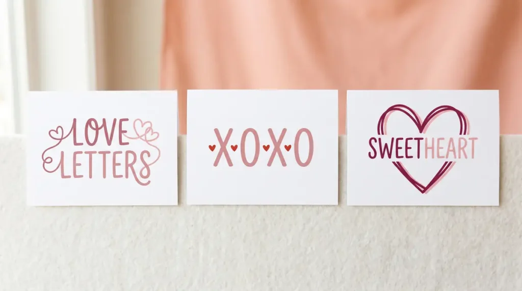 Three cards with heart-themed text saying Love Letters, XOXO, and Sweetheart