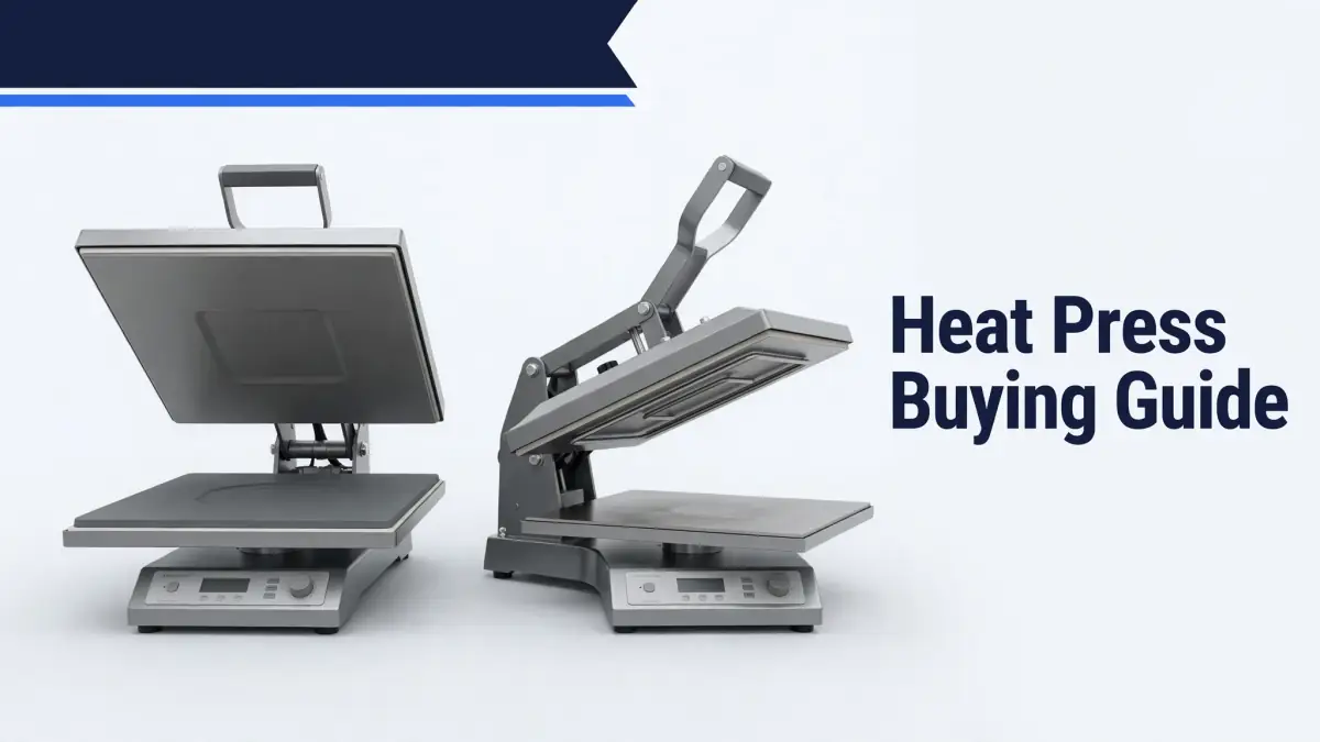 Two heat press machines with open and closed pressing plates on a white background