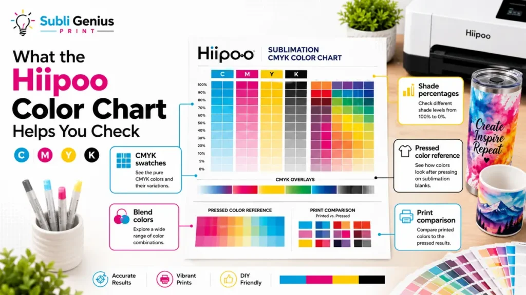 CMYK color chart with swatches and design examples