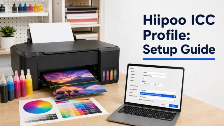 Printer with vibrant print and laptop displaying setup instructions.