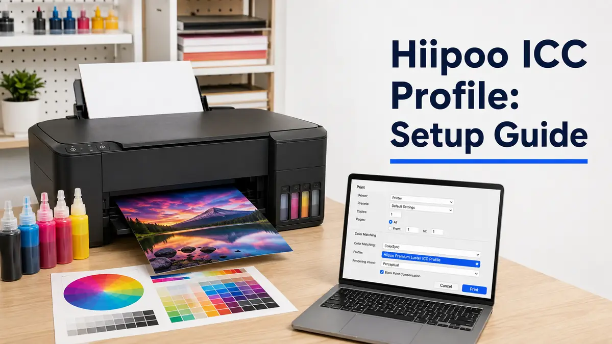 Printer with vibrant print and laptop displaying setup instructions.