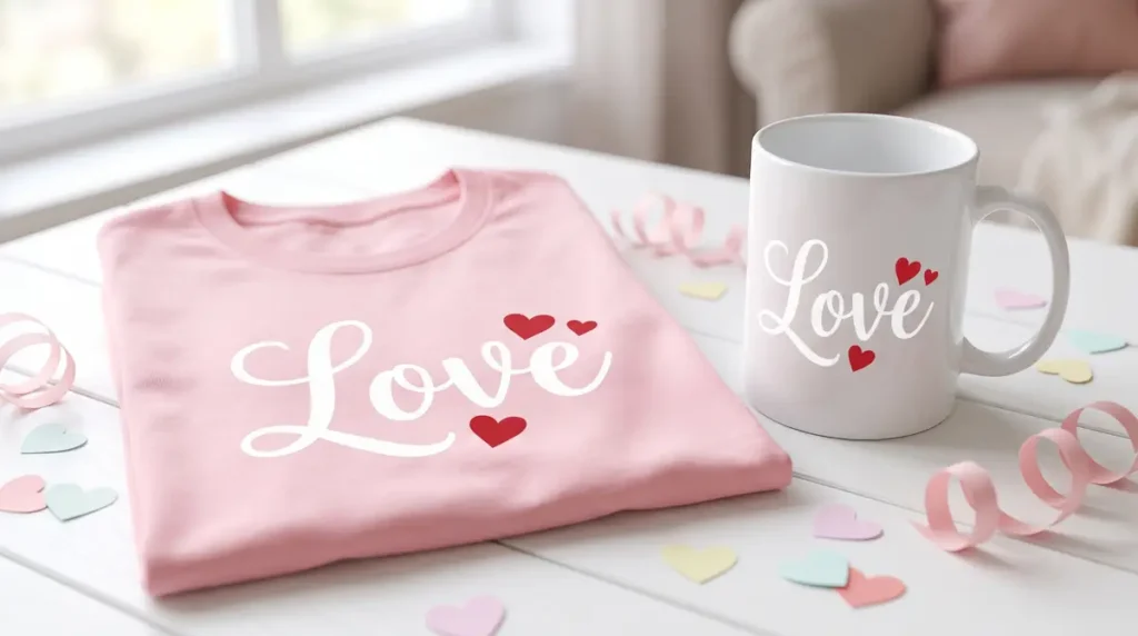 Pink folded shirt and white mug with the word Love and red hearts on a white table