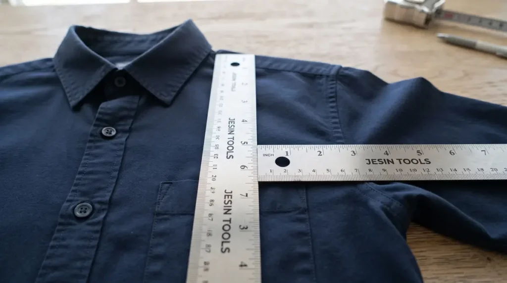 Two metal rulers measuring chest and shoulder width on a navy blue shirt