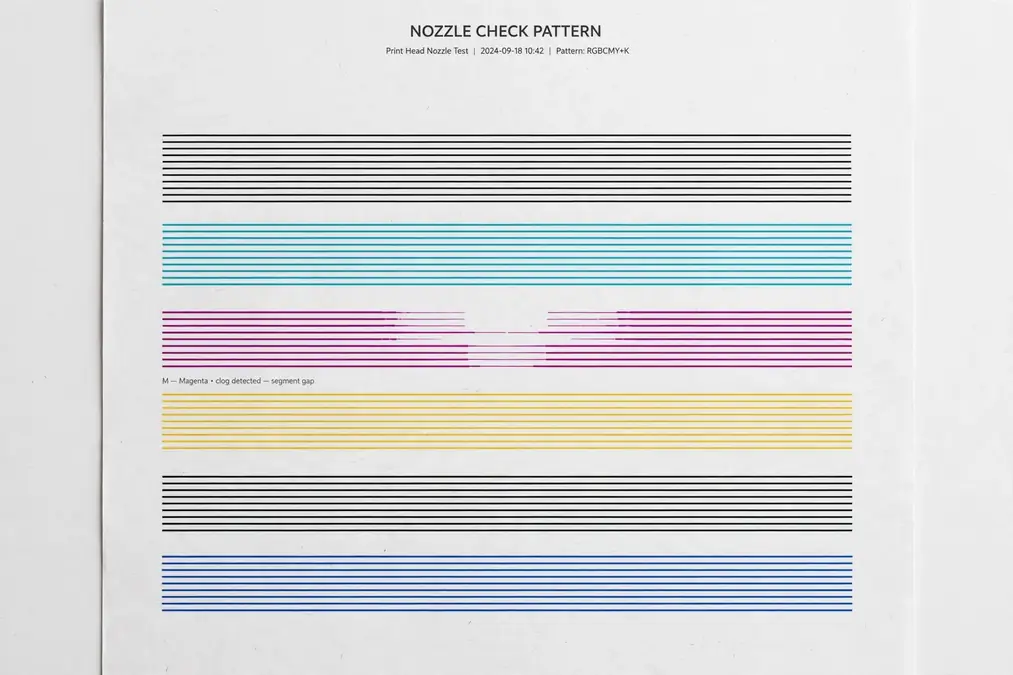 A printed nozzle check pattern with various colored lines.