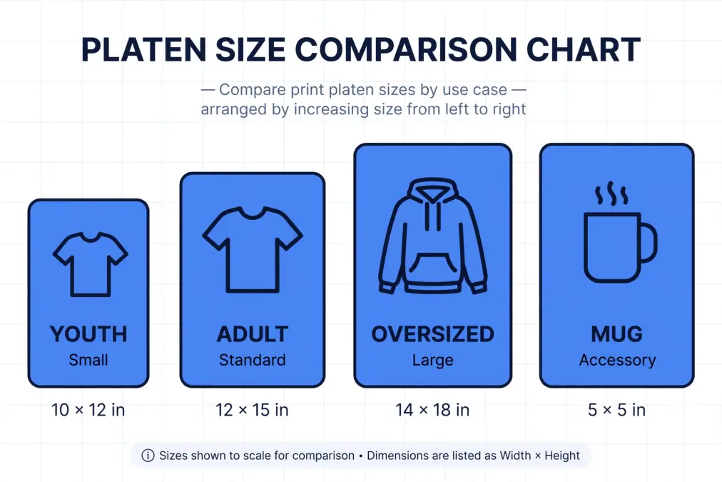 Chart showing sizes for youth, adult, oversized apparel, and mug with dimensions