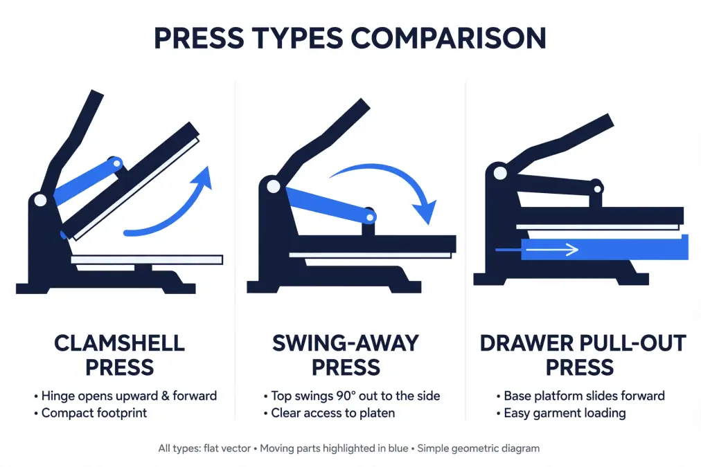 Illustrations showing three types of presses: clamshell, swing-away, and drawer pull-out with movement arrows