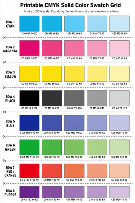 Grid displaying printable CMYK color swatches in various colors.