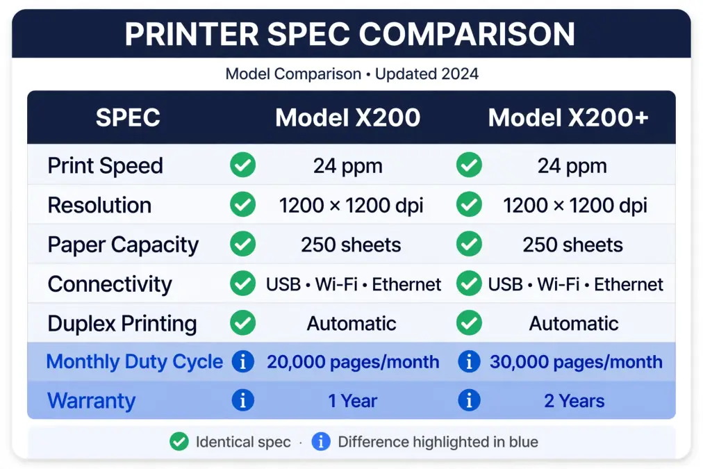 Printer spec comparison table between Model X200 and Model X200+ with differences highlighted