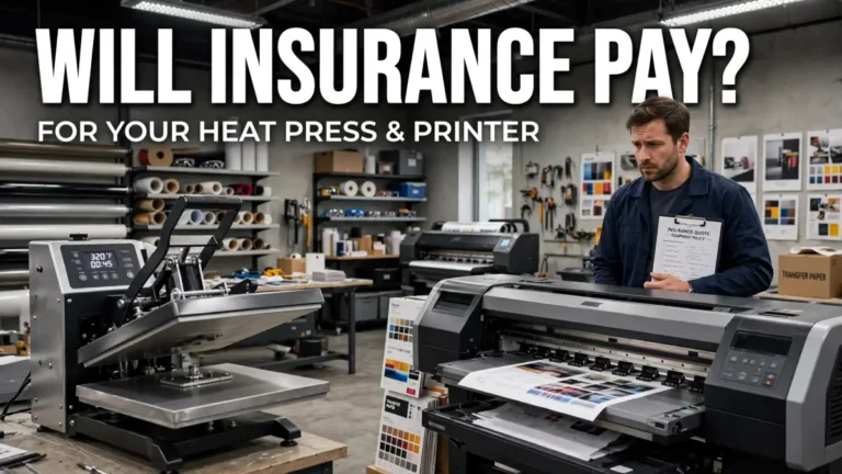Man holding an insurance quote clipboard standing near heat press and printer equipment