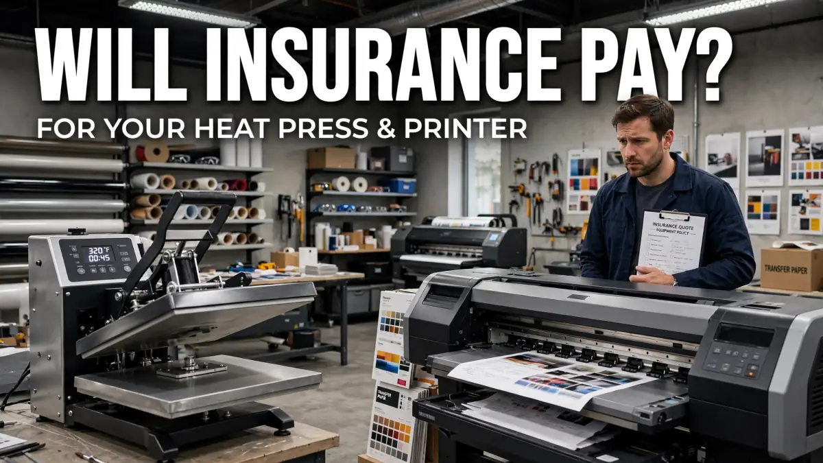 Man holding an insurance quote clipboard standing near heat press and printer equipment