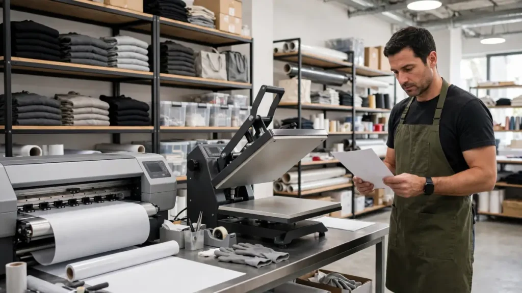 Man in apron reading paper next to heat press machine and apparel supplies in workshop
