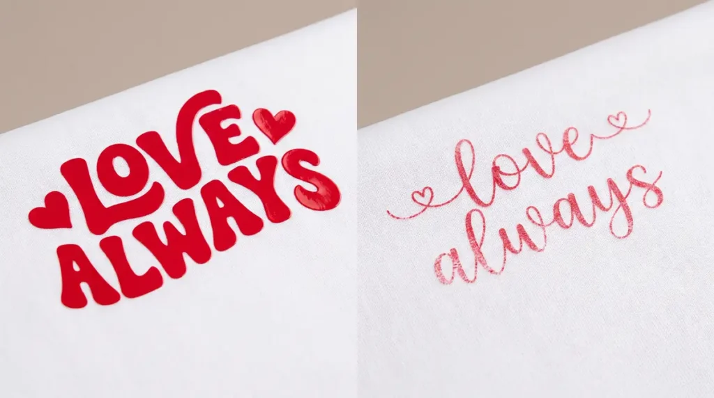 Two red heart-themed text designs saying love always on white fabric