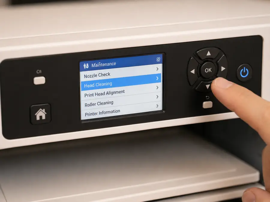 A hand navigating the maintenance menu on a Sawgrass SG500 printer.