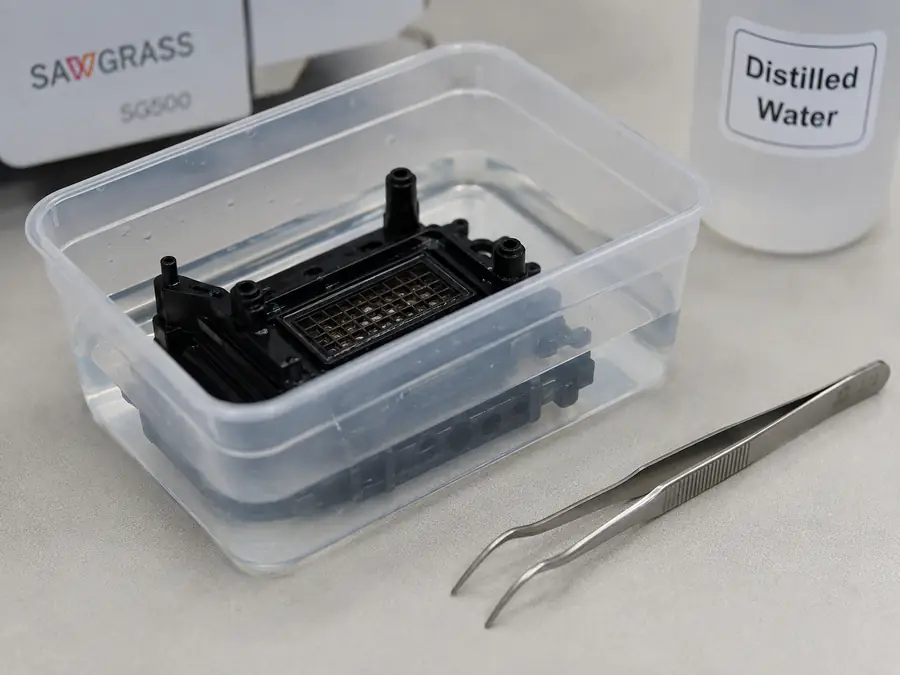 A SG500 printer head submerged in water with tweezers nearby.