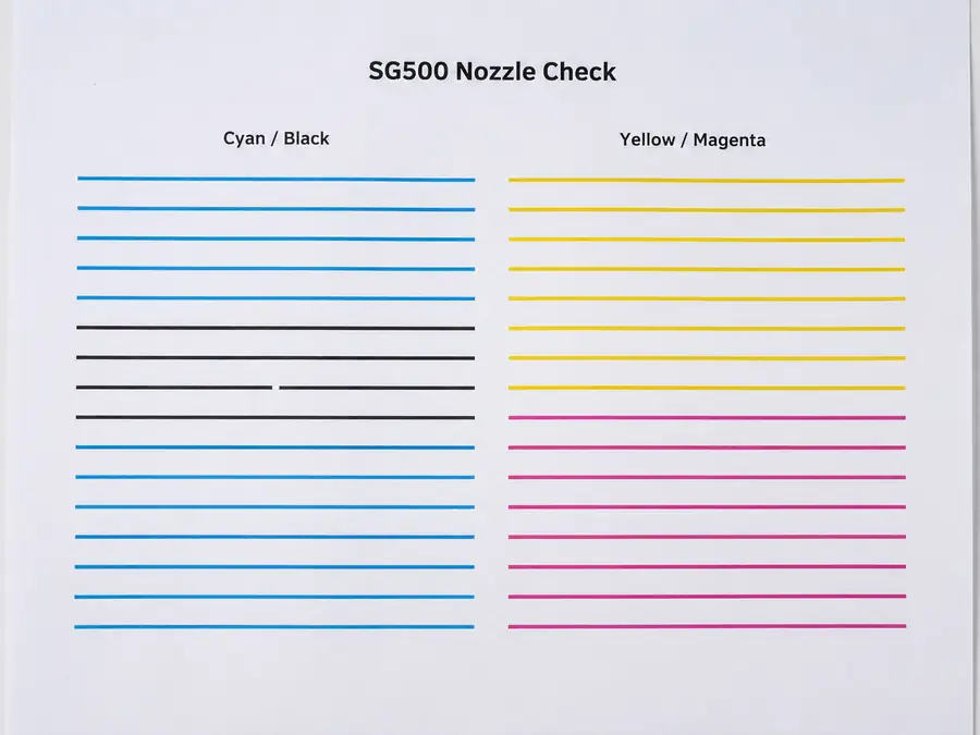 Nozzle check test patterns in cyan, black, yellow, and magenta.