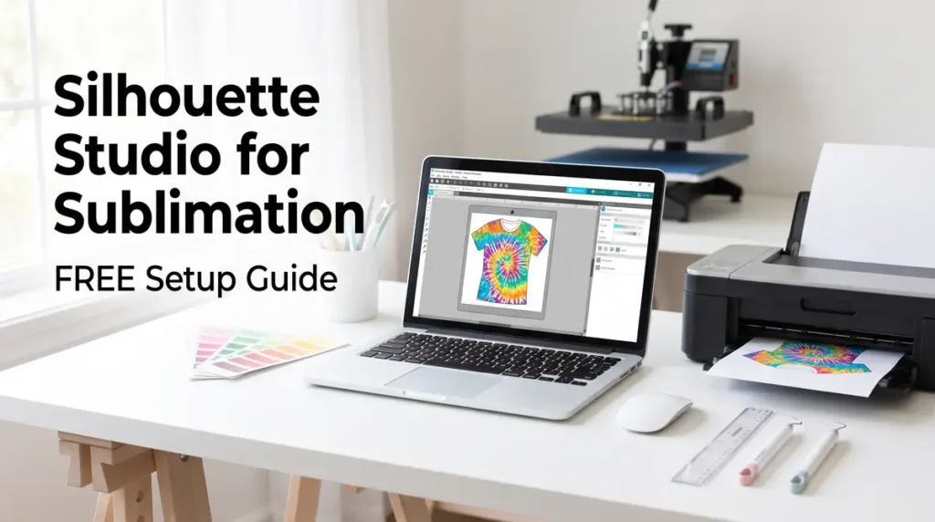 Laptop showing Silhouette Studio with a tie-dye t-shirt design next to a printer printing the same design