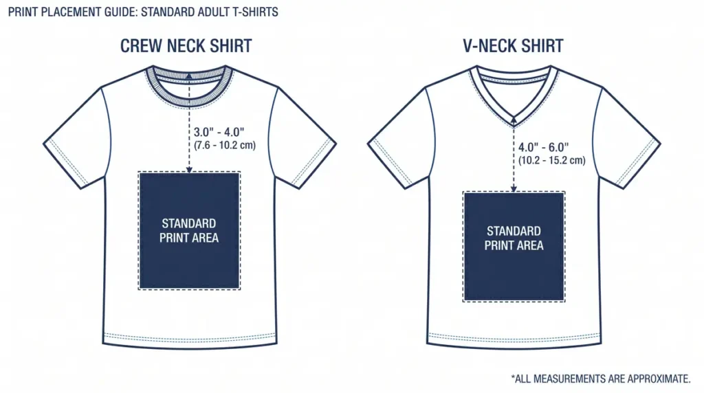 Illustration of crew neck and v-neck shirts showing standard print areas with measurements