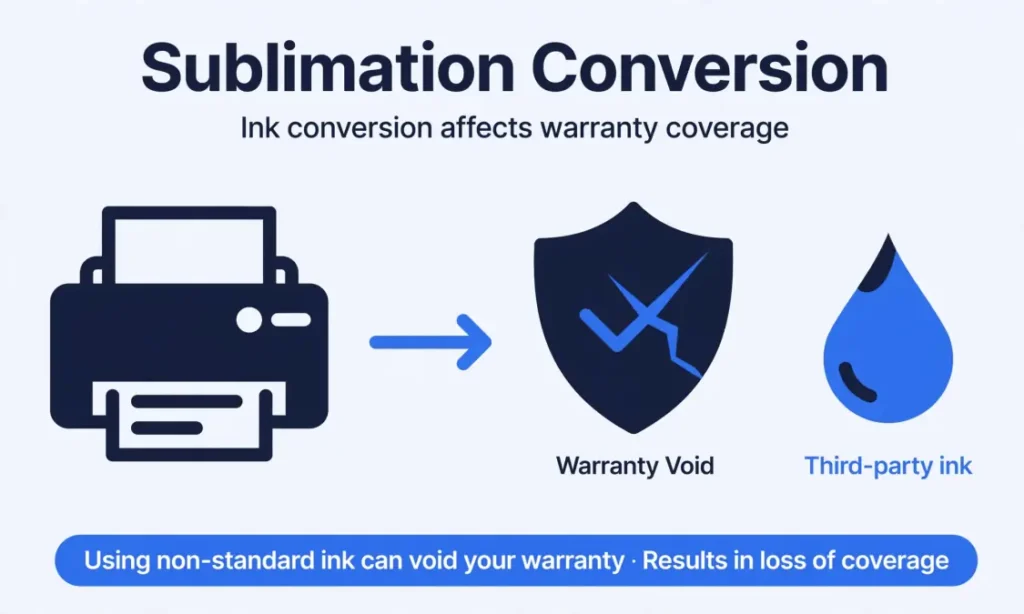 Printer icon leading to a broken warranty shield and a blue ink drop