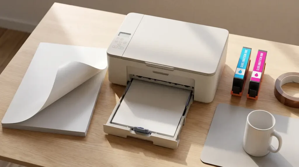 White sublimation printer with paper, ink cartridges, tape, and mug on a wooden table