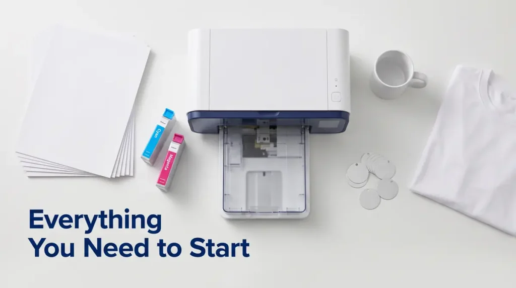 Sublimation printer with cyan and magenta ink cartridges, blank sheets, a white mug, round tags, and a white t-shirt on a white surface