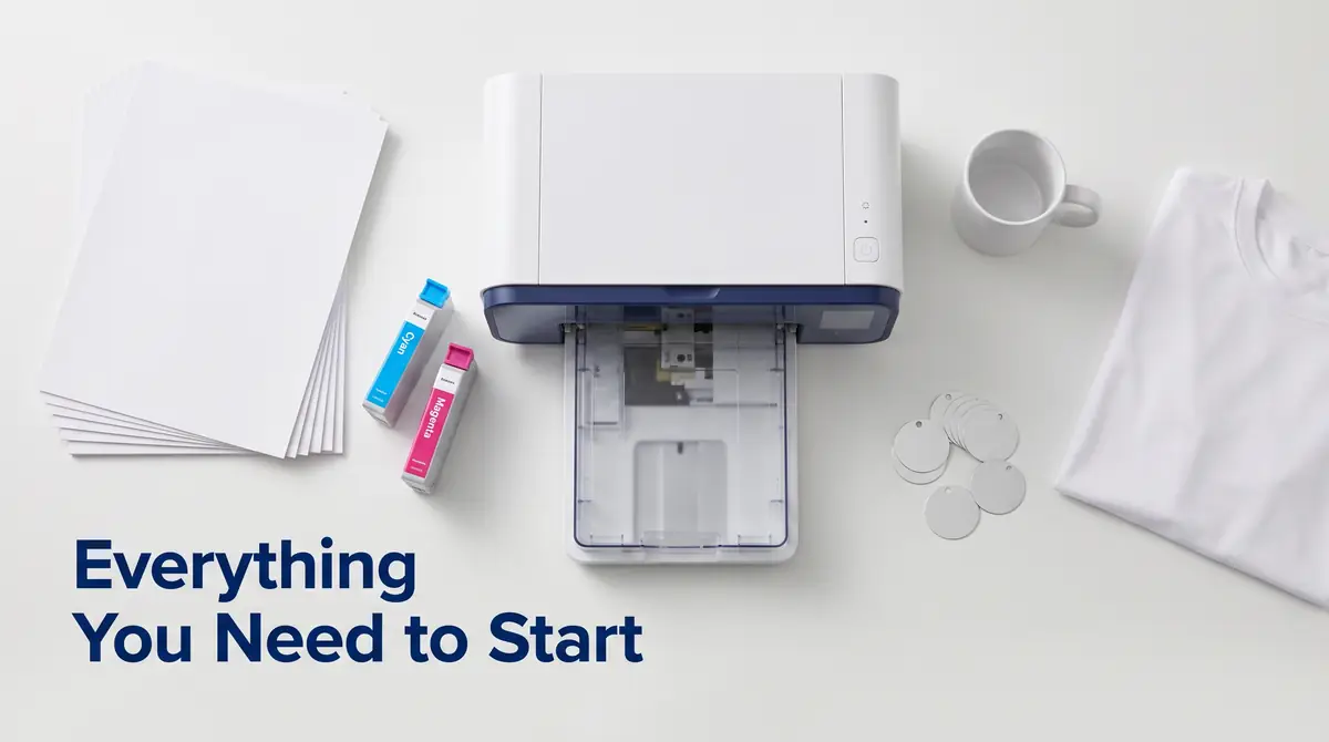Sublimation printer with cyan and magenta ink cartridges, blank sheets, a white mug, round tags, and a white t-shirt on a white surface
