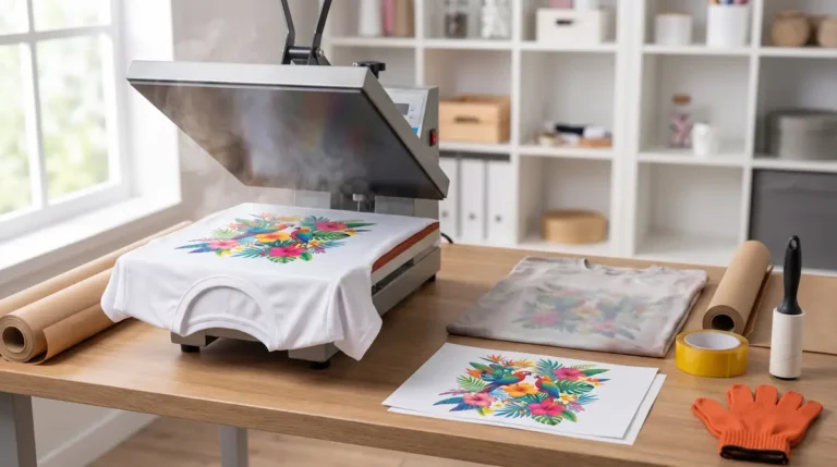 Heat press applying colorful floral and bird design on white t-shirt with transfer paper on table