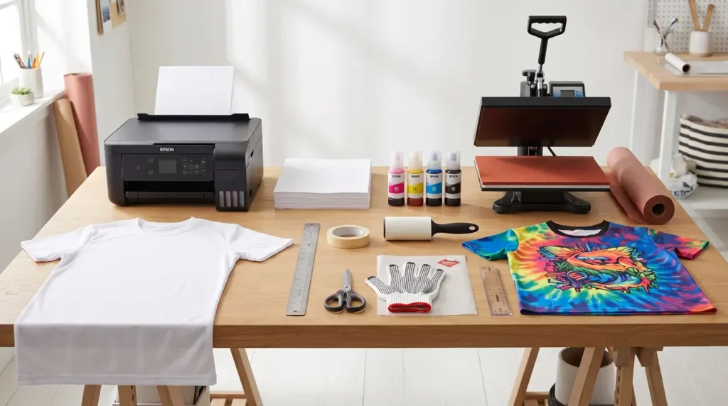 Sublimation setup with white and colorful t-shirts, printer, heat press, ink bottles, and tools on table