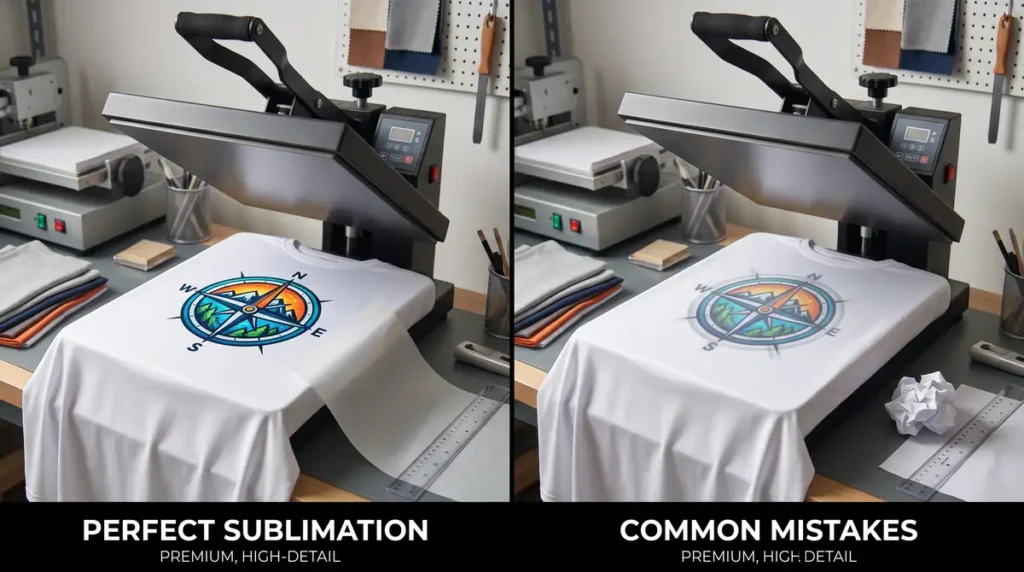 Heat press machine applying compass print on white t-shirt with perfect and common mistake examples