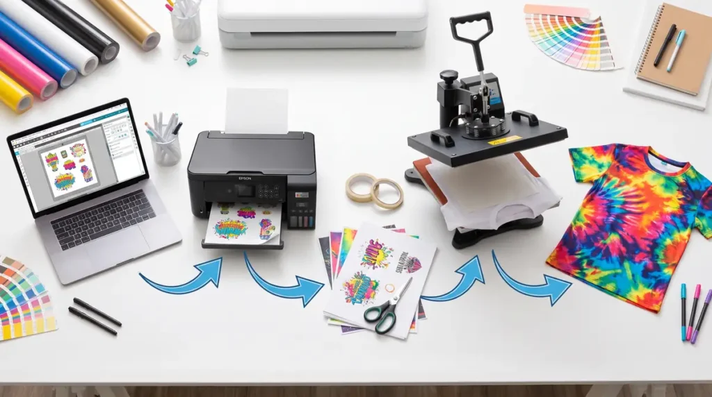 Laptop showing design software, printer, heat press, and colorful sublimation t-shirt on white table