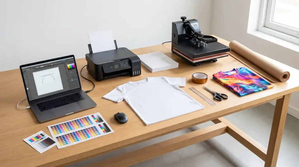 Workstation with laptop showing graphic design, printer, heat press, blank t-shirt, color charts, and sublimation supplies