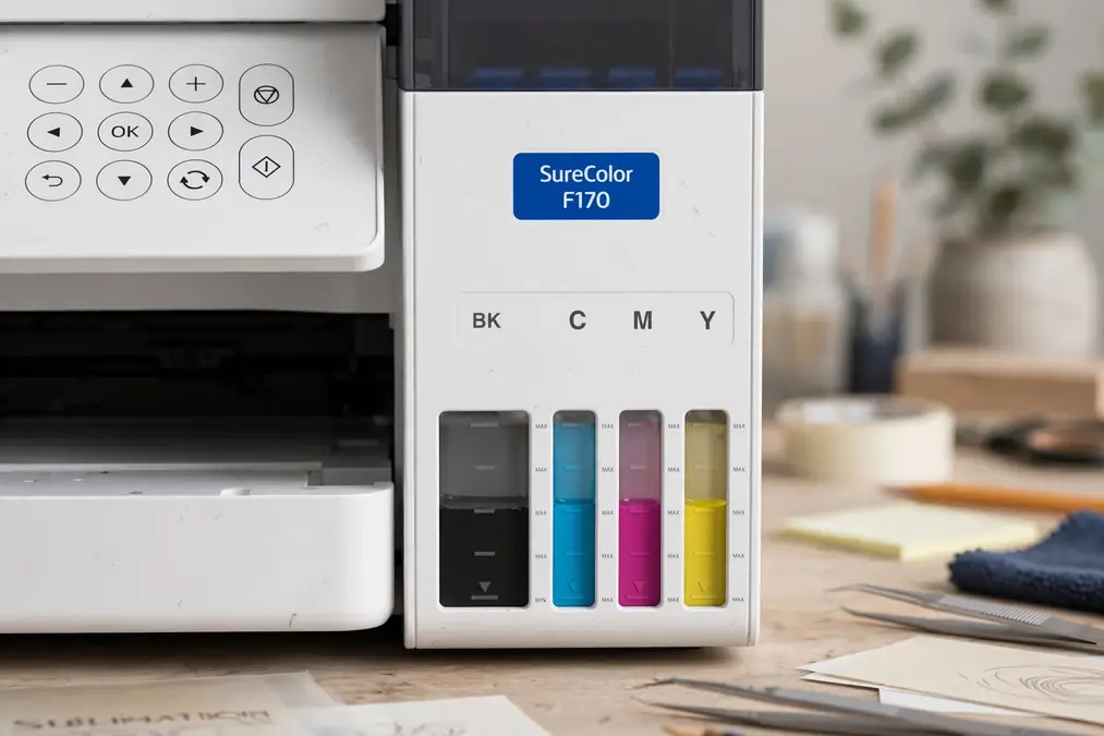 Close-up of SureColor F170 ink tank with colored cartridges.