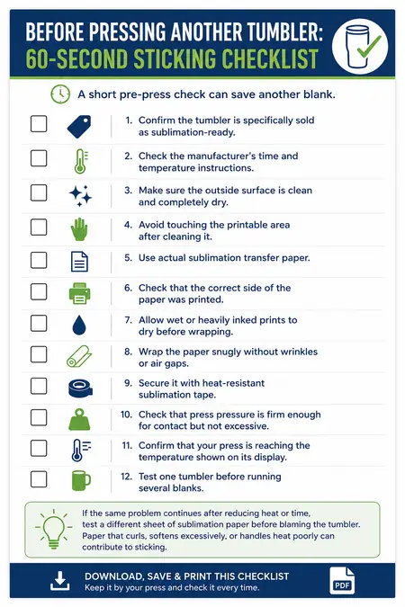tumbler 60 second sticking checklist