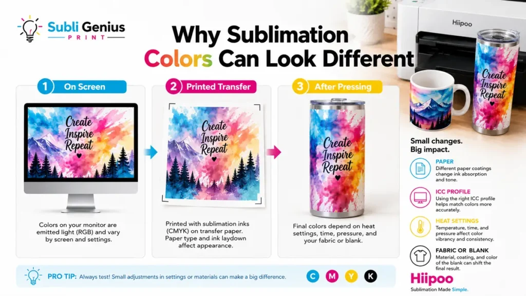 Infographic explaining sublimation color differences with illustrations.