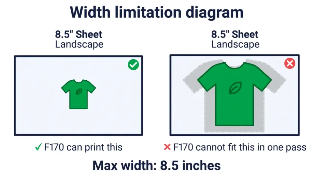 Diagram showing correct and incorrect print sizes on an 8.5 inch landscape sheet with green t-shirts