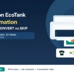 Illustrated comparison of Epson EcoTank printers for sublimation conversion with custom mugs, shirts and other sublimated products