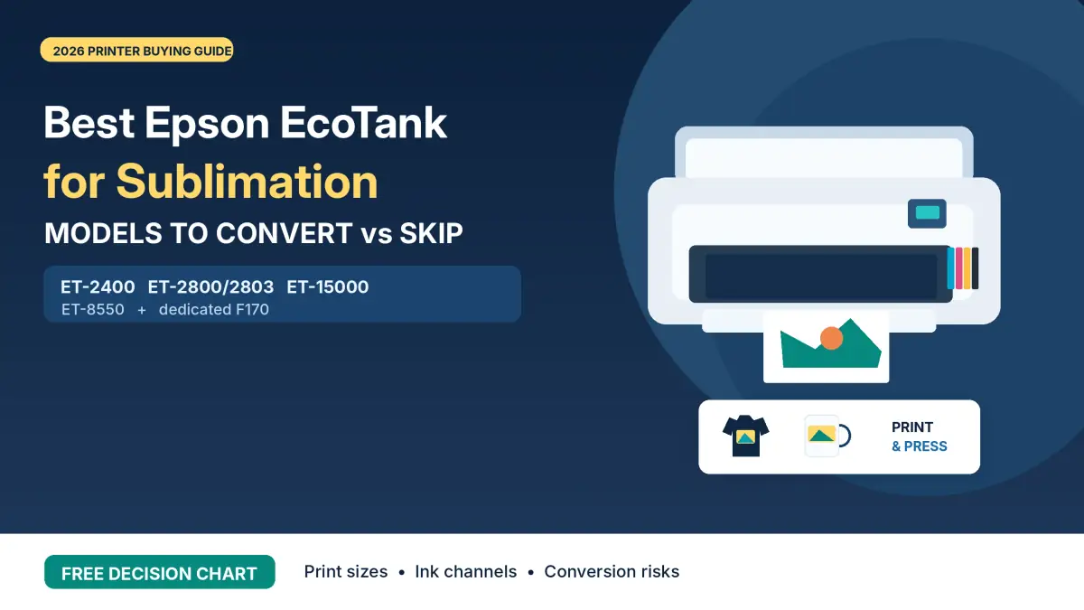 Illustrated comparison of Epson EcoTank printers for sublimation conversion with custom mugs, shirts and other sublimated products