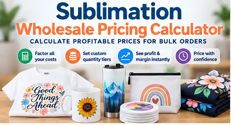 Sublimation wholesale pricing calculator with shirts, mugs, tumblers and bulk pricing callouts.