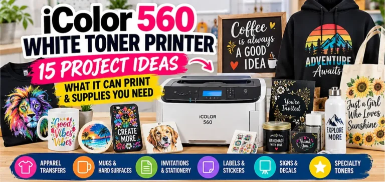 iColor 560 white toner printer with examples of apparel, drinkware, invitations, labels and decorative transfer projects