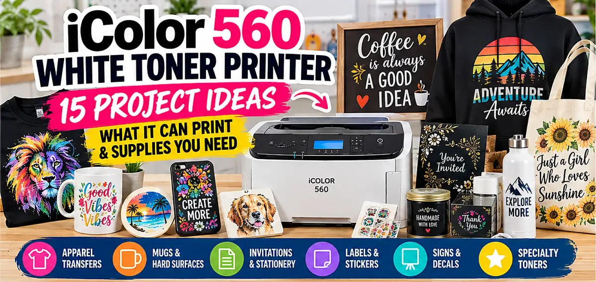 iColor 560 white toner printer with examples of apparel, drinkware, invitations, labels and decorative transfer projects