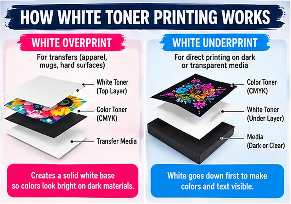 Diagram comparing iColor 560 white overprint for transfers and white underprint on dark or clear media