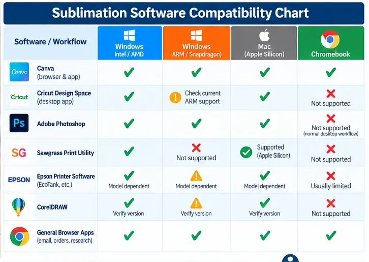 Sublimation software compatibility chart comparing Windows Intel AMD, Windows ARM, Mac and Chromebook.