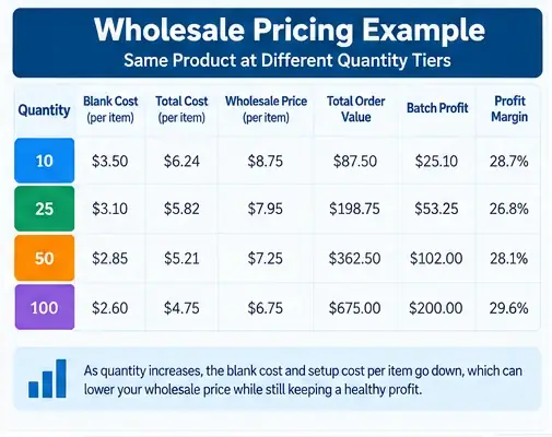Example wholesale pricing table comparing quantity tiers, unit costs, wholesale prices and margins.